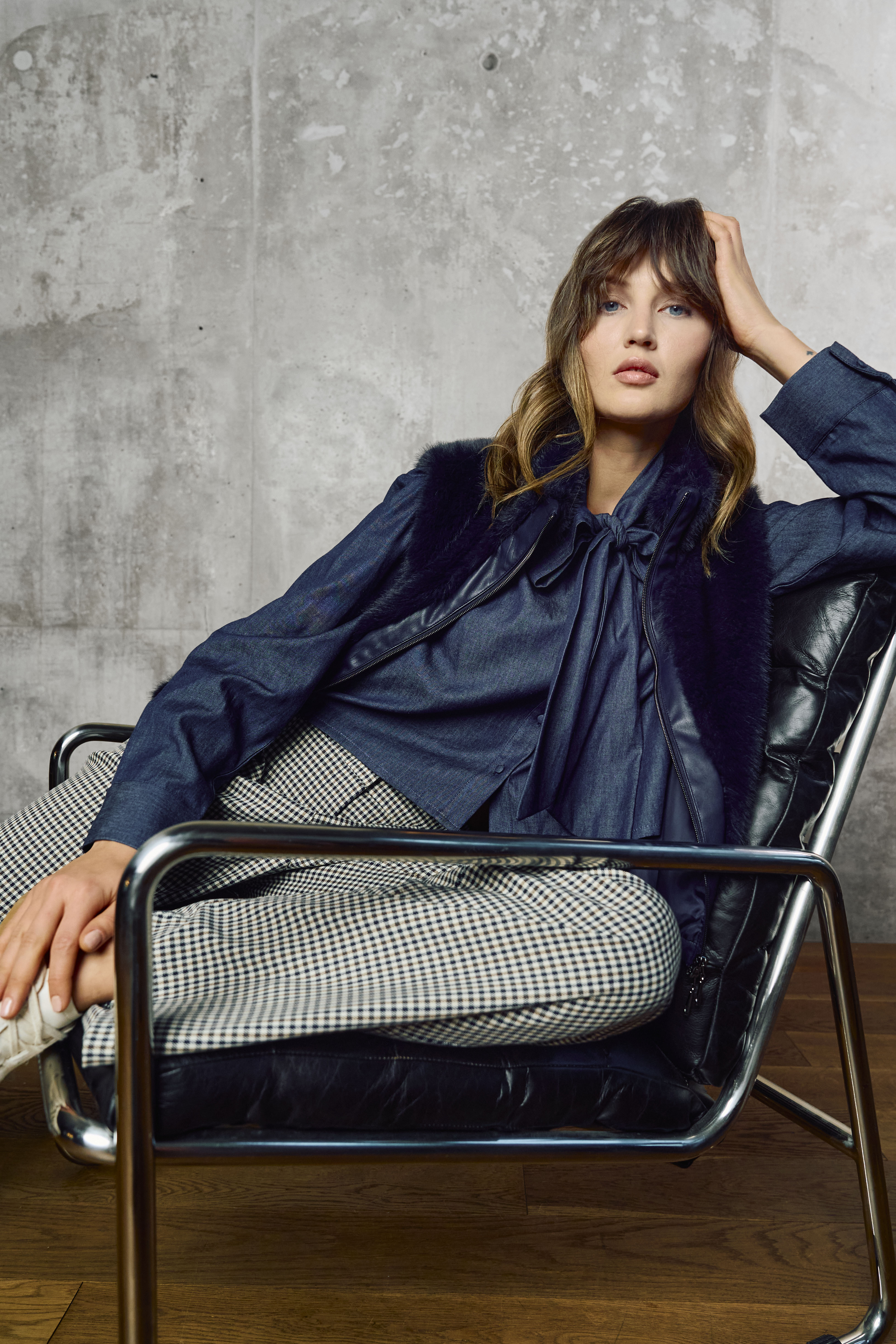 Jeansjacke, Denim, Bluse, Schleife, Hahnentritt